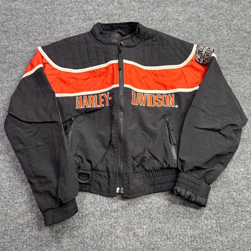 Harley Davidson Motorcycle Jacket Kids S Black Orange Nylon Bomber Racing Biker
